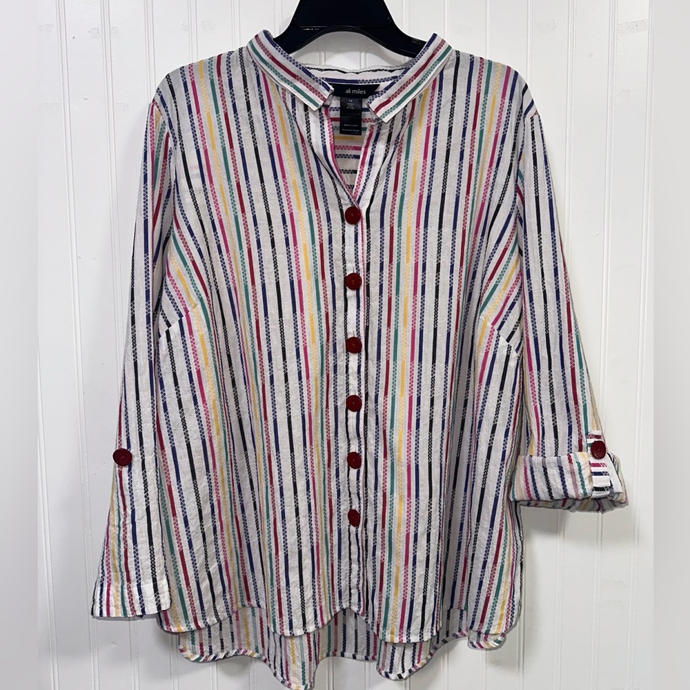 Ali Miles 1X Cotton Textured Rainbow Stripes Button Down Tunic Roll Tab Sleeve - Picture 3 of 15